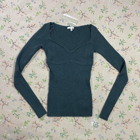 Cotton Cashmere Sweetheart Ribbed Knit Sweater Top Sea Moss XS Preppy Coquette - Picture 2 of 11